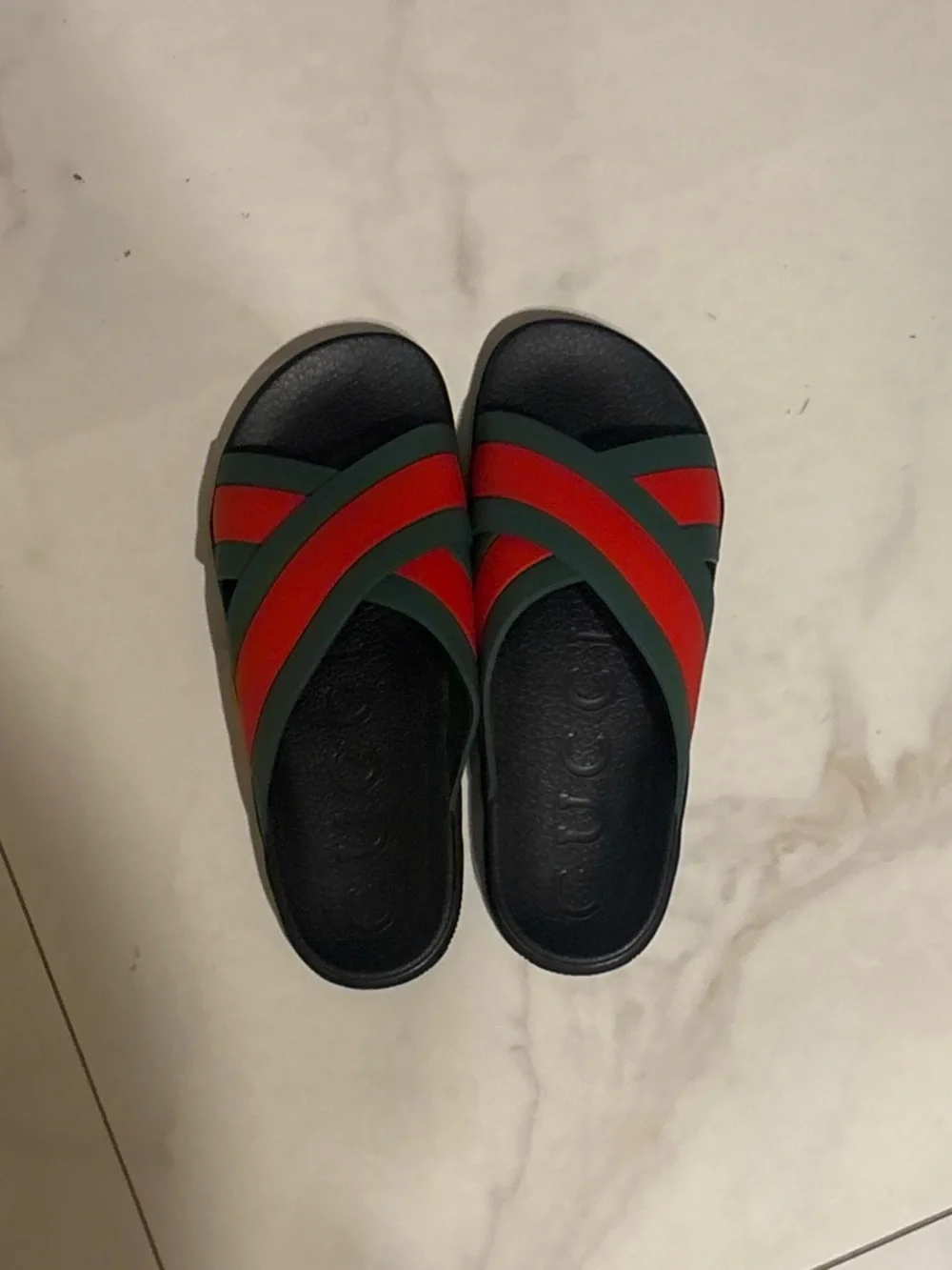 Gucci Black Slides with Green and Red Crossover Straps